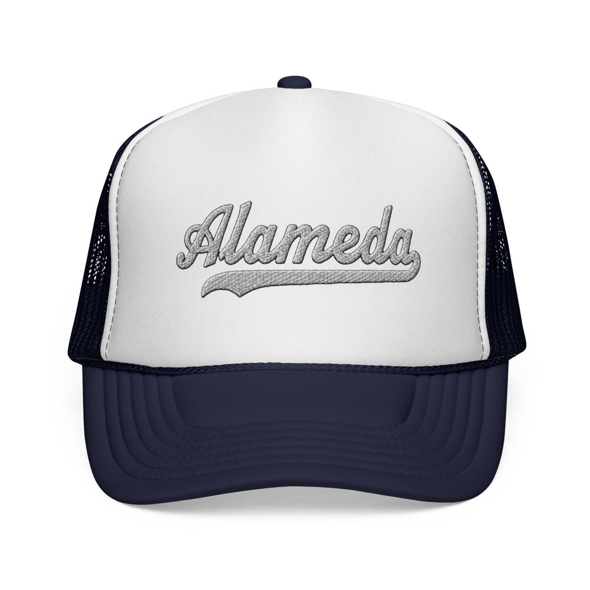 Alameda Hat Alameda Trucker Hat Baseball Script Cap Vintage Sports Mesh Swoosh Gift Souvenir Headwear CA | Alemeda - alternate angle 3, merchandise