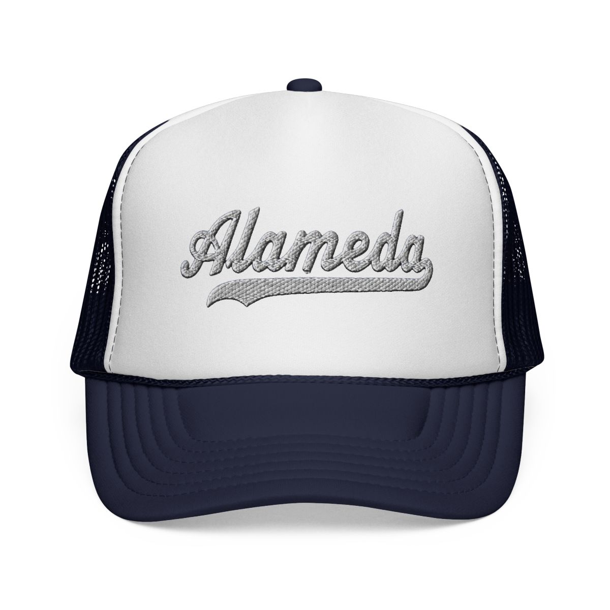 Alameda Hat Alameda Trucker Hat Baseball Script Cap Vintage Sports Mesh Swoosh Gift Souvenir Headwear CA | Alemeda - alternate angle 3, merchandise