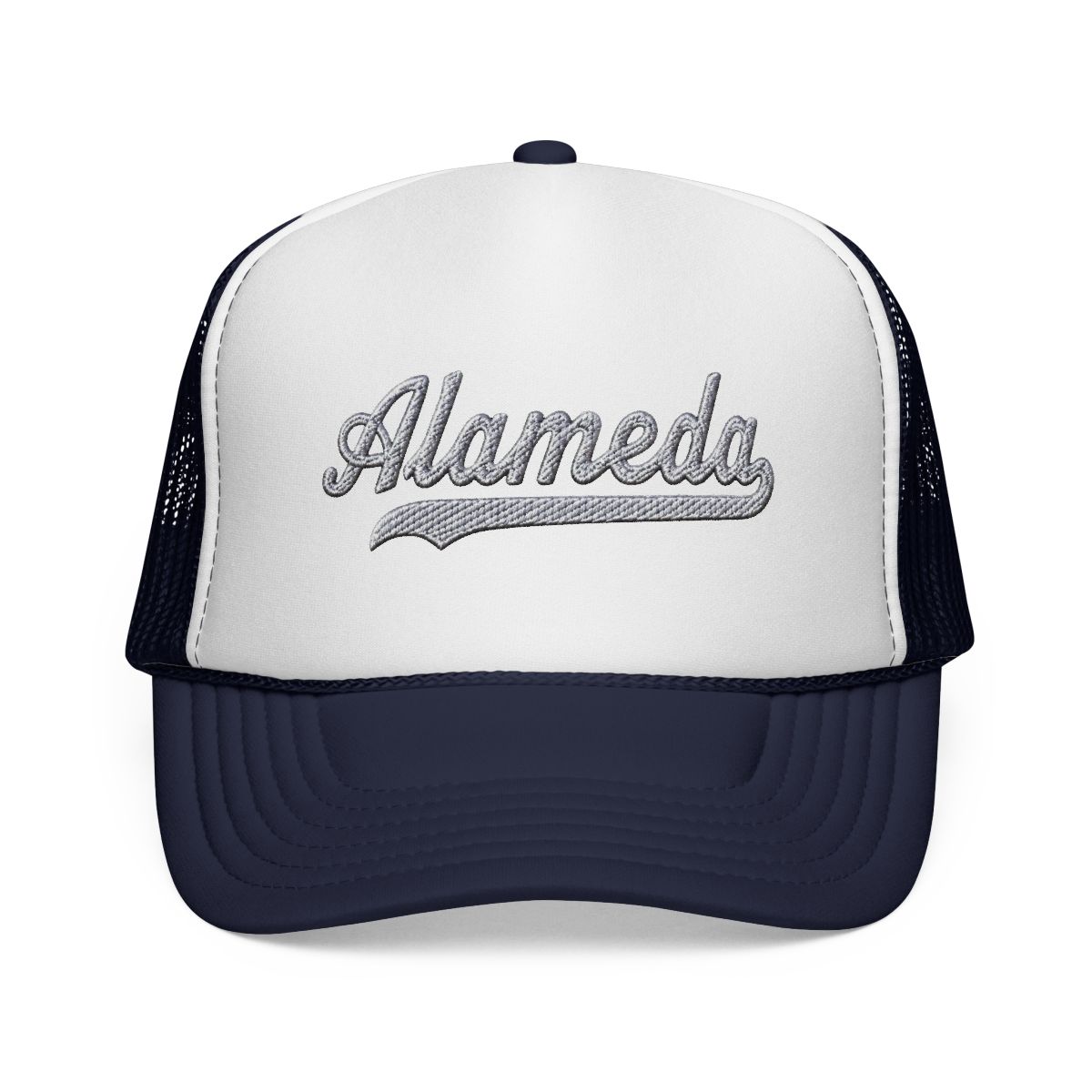 Alameda Hat Alameda Trucker Hat Baseball Script Cap Vintage Sports Mesh Swoosh Gift Souvenir Headwear CA | Alemeda - alternate angle 3, merchandise