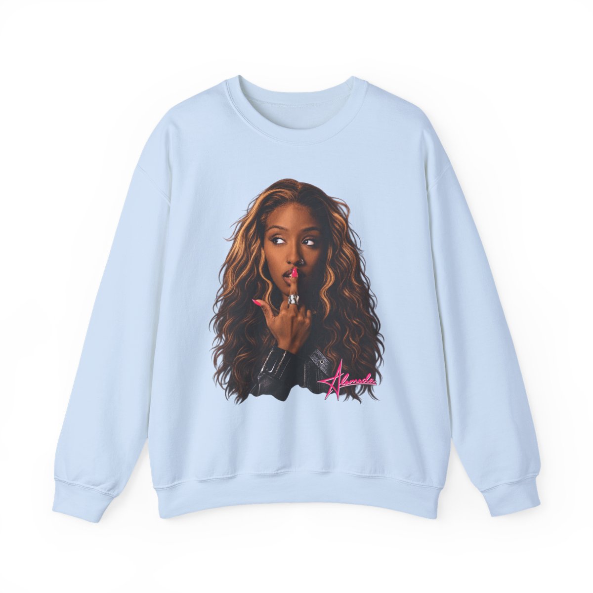 Woman Portrait with Pink Signature Sweatshirt | Alemeda Merch - alternate angle 4, merchandise