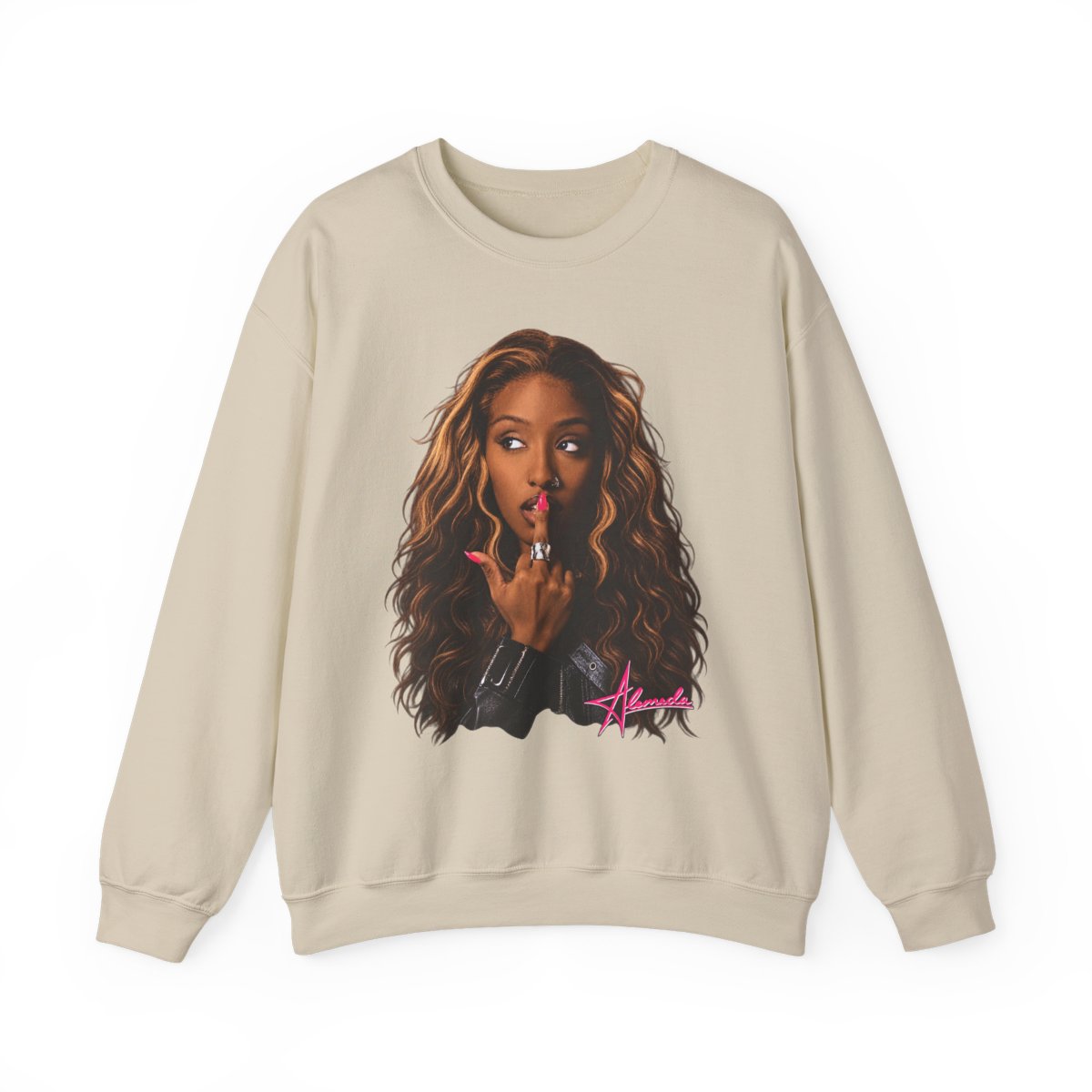 Woman Portrait with Pink Signature Sweatshirt | Alemeda Merch - alternate angle 2, merchandise