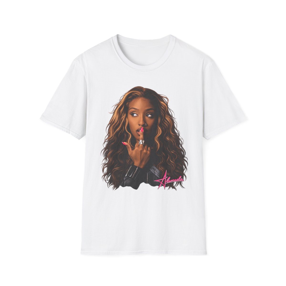 Curly-Haired Woman Portrait T-Shirt | Female Face Graphic | Alemeda Merch - alternate angle 3, merchandise