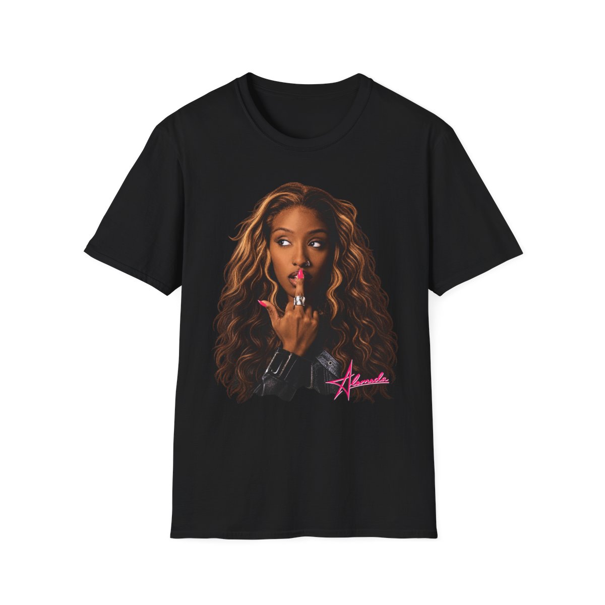 Curly-Haired Woman Portrait T-Shirt | Female Face Graphic | Alemeda Merch - alternate angle 4, merchandise