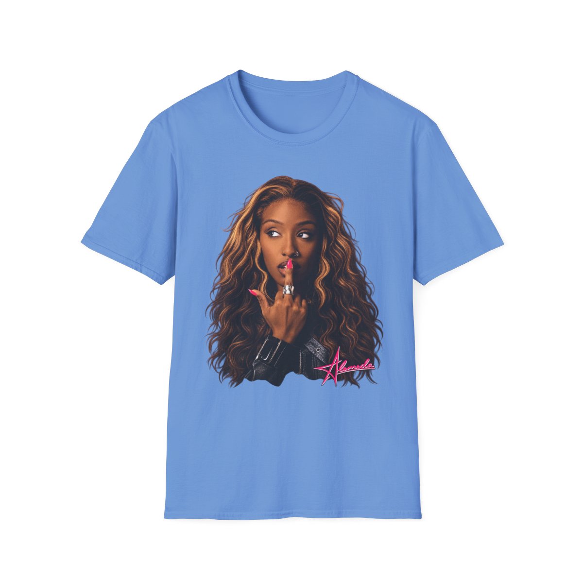 Curly-Haired Woman Portrait T-Shirt | Female Face Graphic | Alemeda Merch - alternate angle 2, merchandise