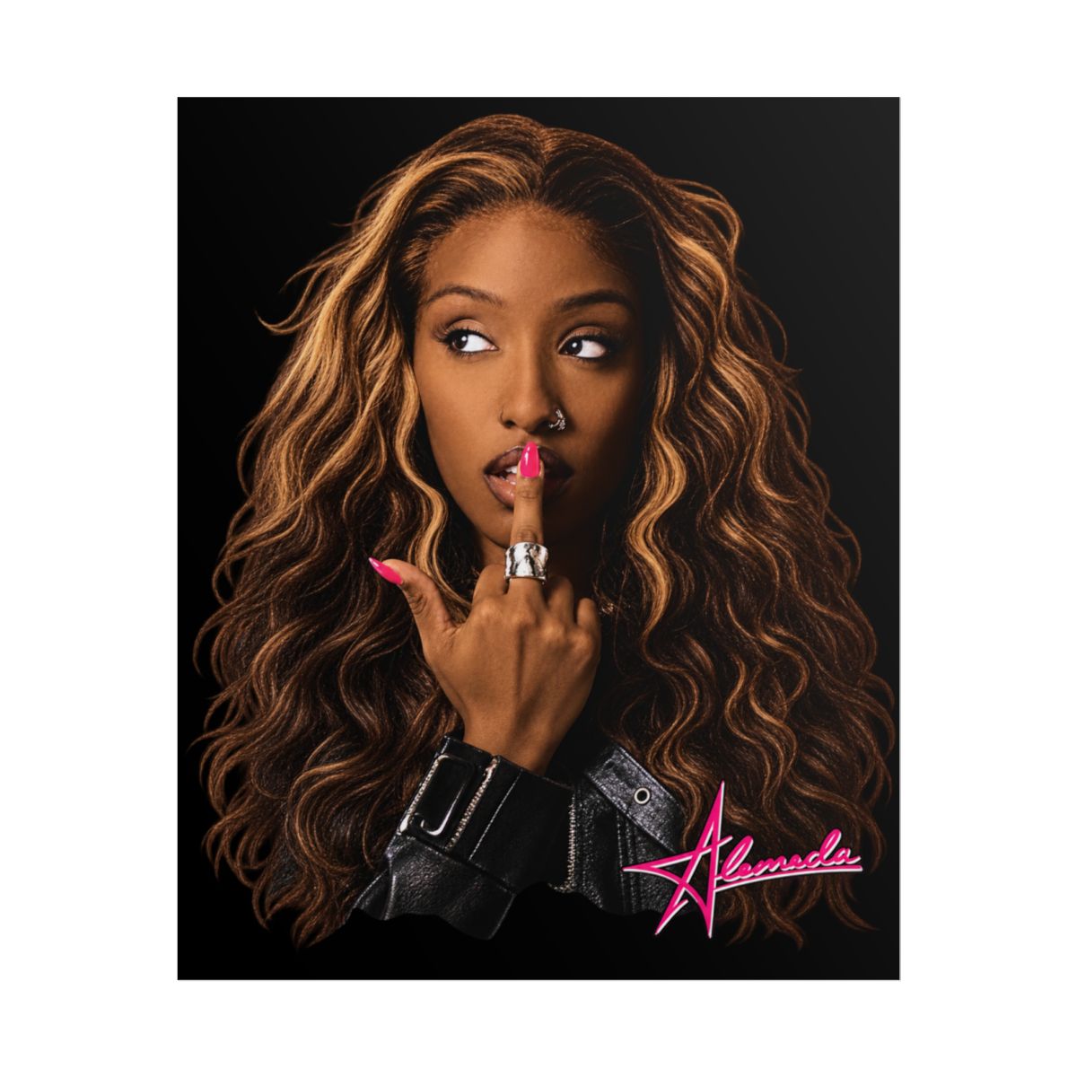 Woman with Long Curly Hair and Pink Lips Rolled Poster | Alemeda Merch - Official Posters & Wall Art merchandise